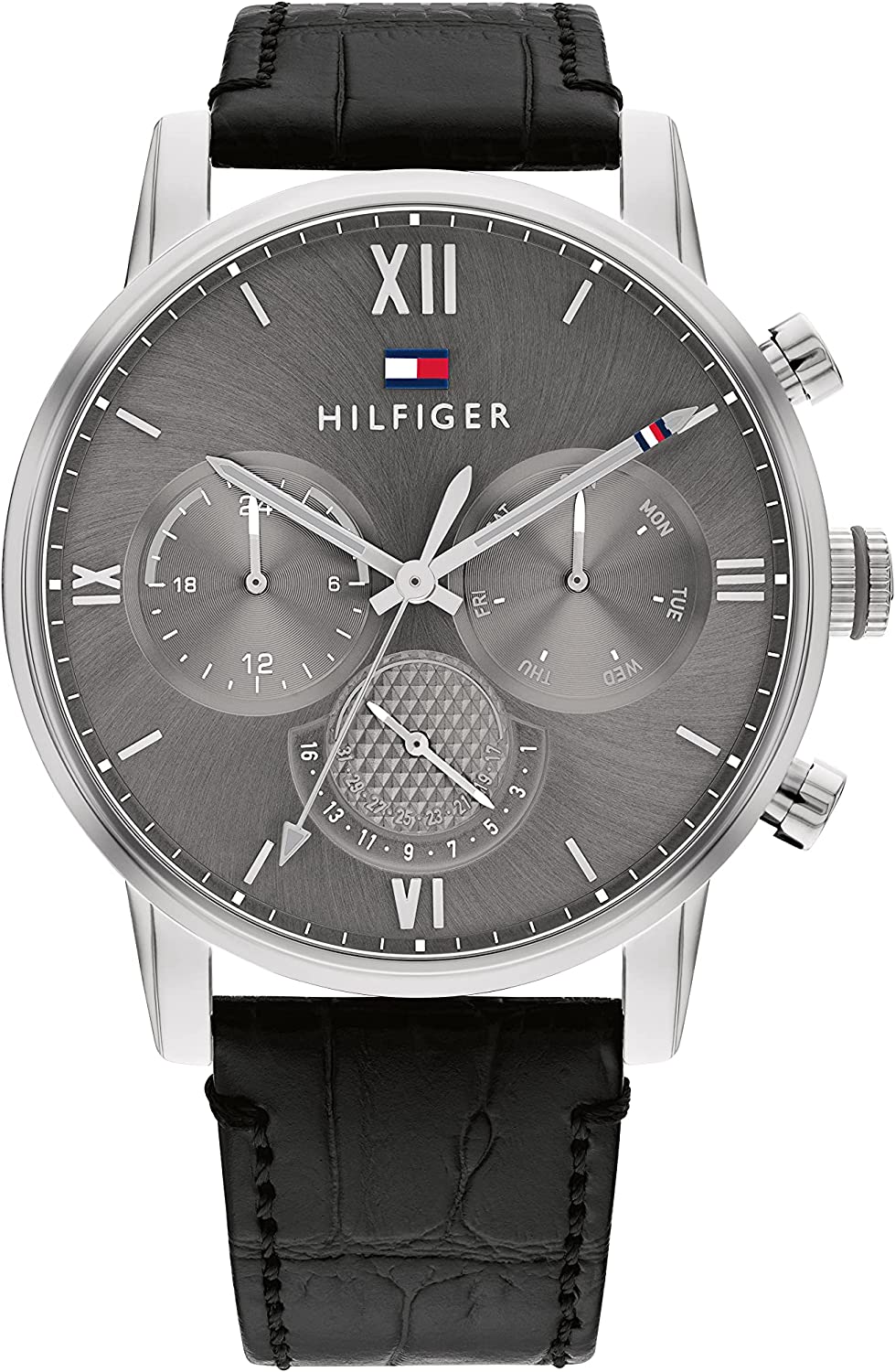 Tommy Hilfiger Men's Quartz Multifunction Stainless Steel and Leather Strap Watch, Color: Black (Model: 1791883)
