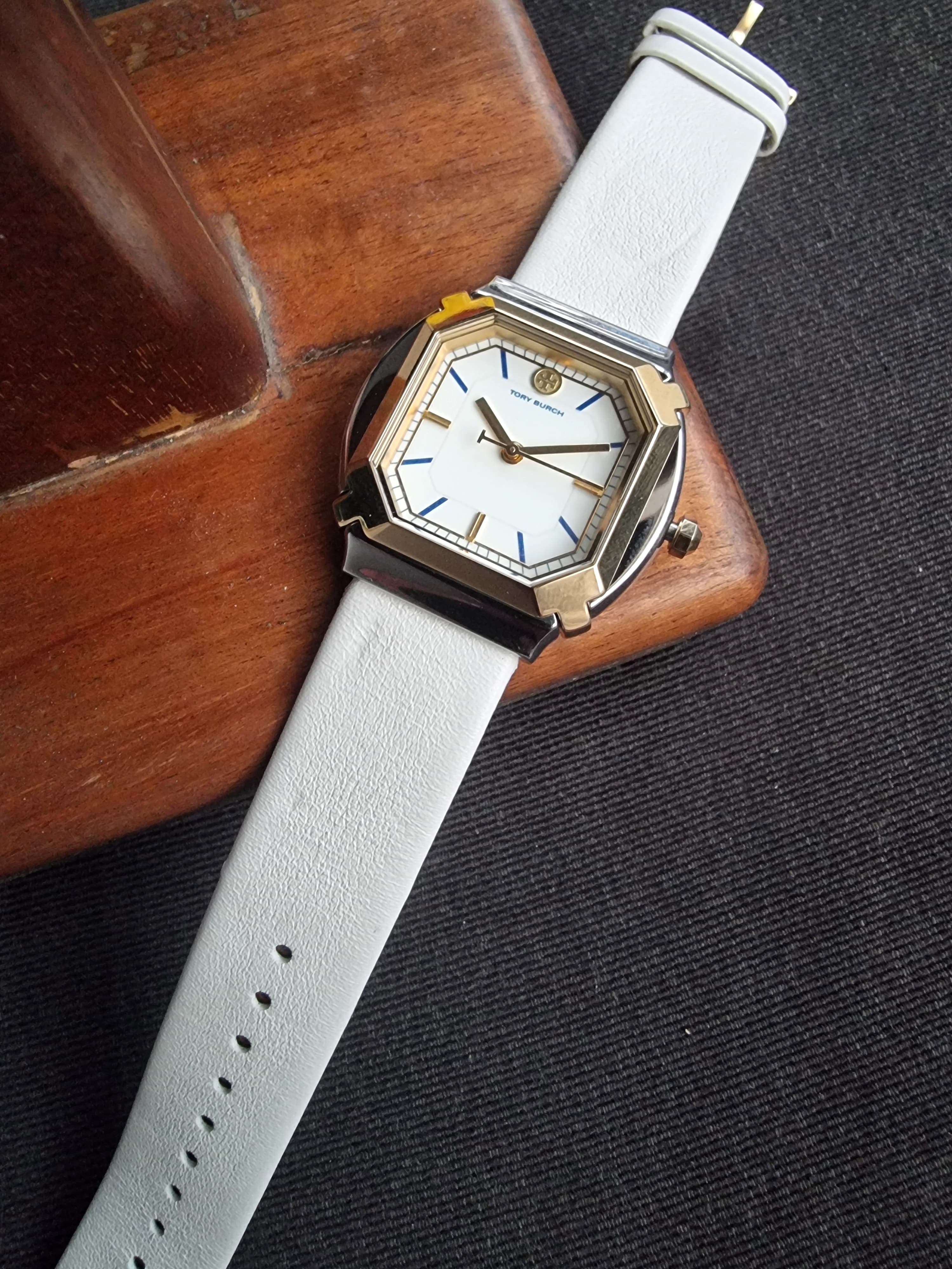 Tory Burch Blake Leather Strap Silver & Gold Case 34mm Watch TBW5100 - Image 5