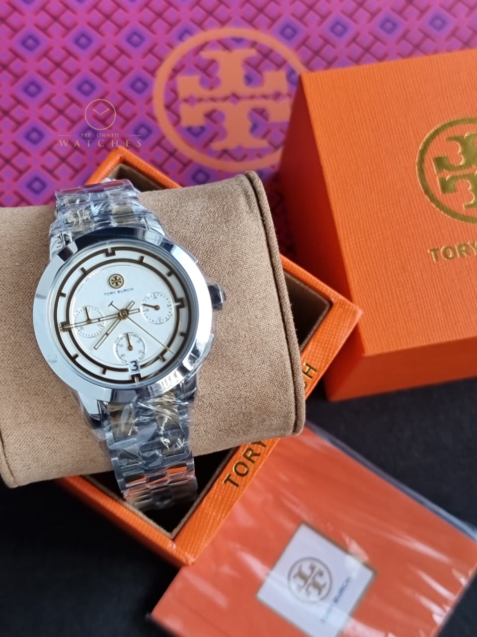 Tory Burch T-Monogram Two-Tone Stainless Steel Gold Dial Chronograph Quartz Watch For Ladies – TBW1052 - Image 3