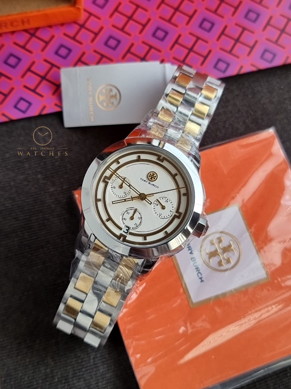 Tory Burch T-Monogram Two-Tone Stainless Steel Gold Dial Chronograph Quartz Watch For Ladies – TBW1052 - Image 6