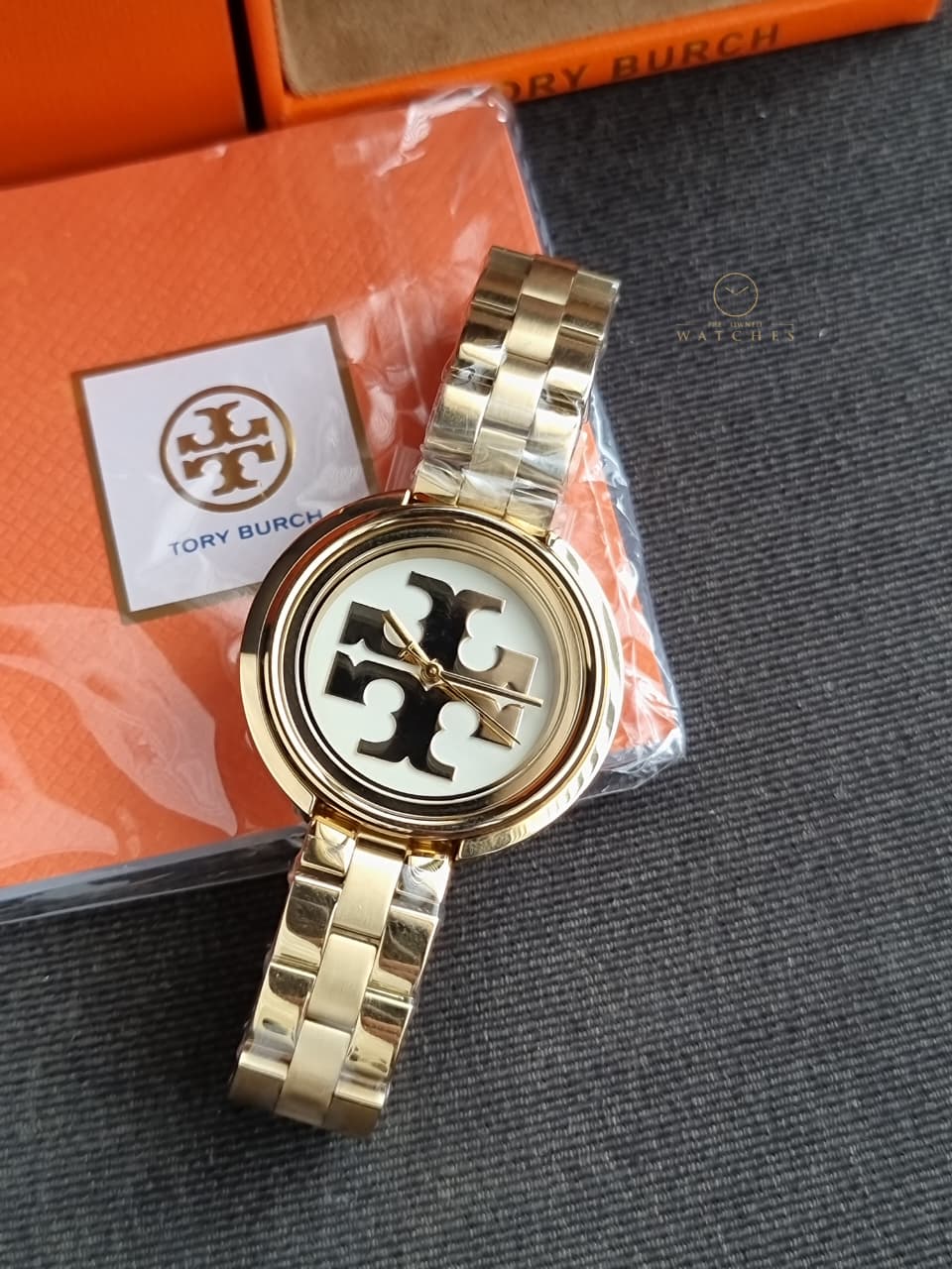 Tory Burch TBW6208 Miller White Logo Dial Gold Stainless Steel Band Women's Watch - Image 2