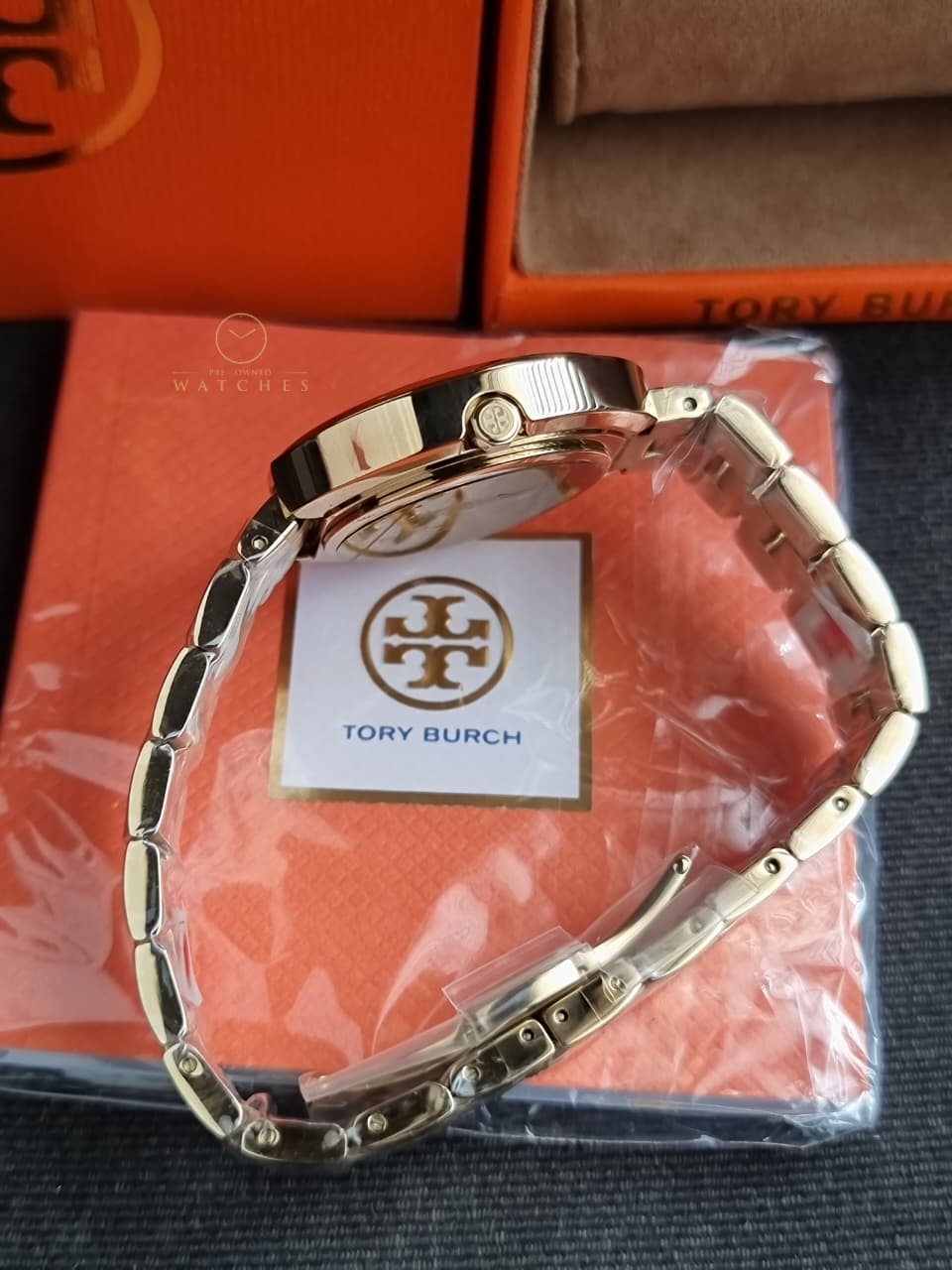 Tory Burch TBW6208 Miller White Logo Dial Gold Stainless Steel Band Women's Watch - Image 3