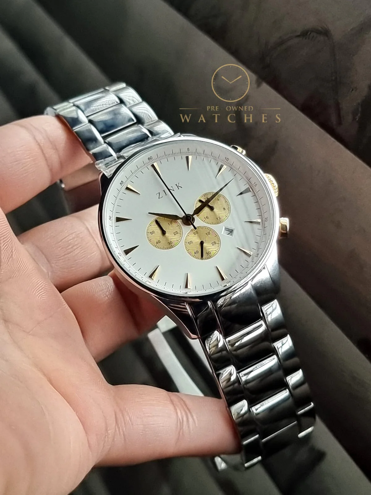 Zink Gents Watch Golden Chronograph White Dial 45mm Watch - Image 7